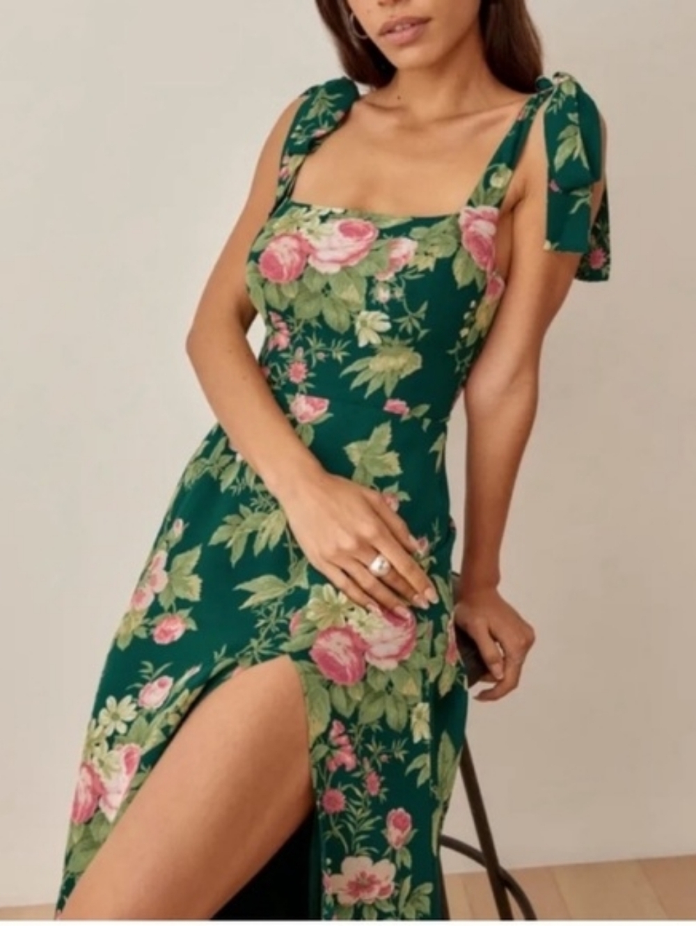 Reformation Dark Green Floral Midi Dress with Pink Blooms - Picture 2 of 6
